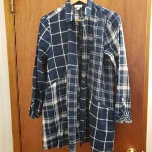 J Jill Womens Navy Blue Tunic Plaid Long Sleeve Button Up Shirt Size Medium